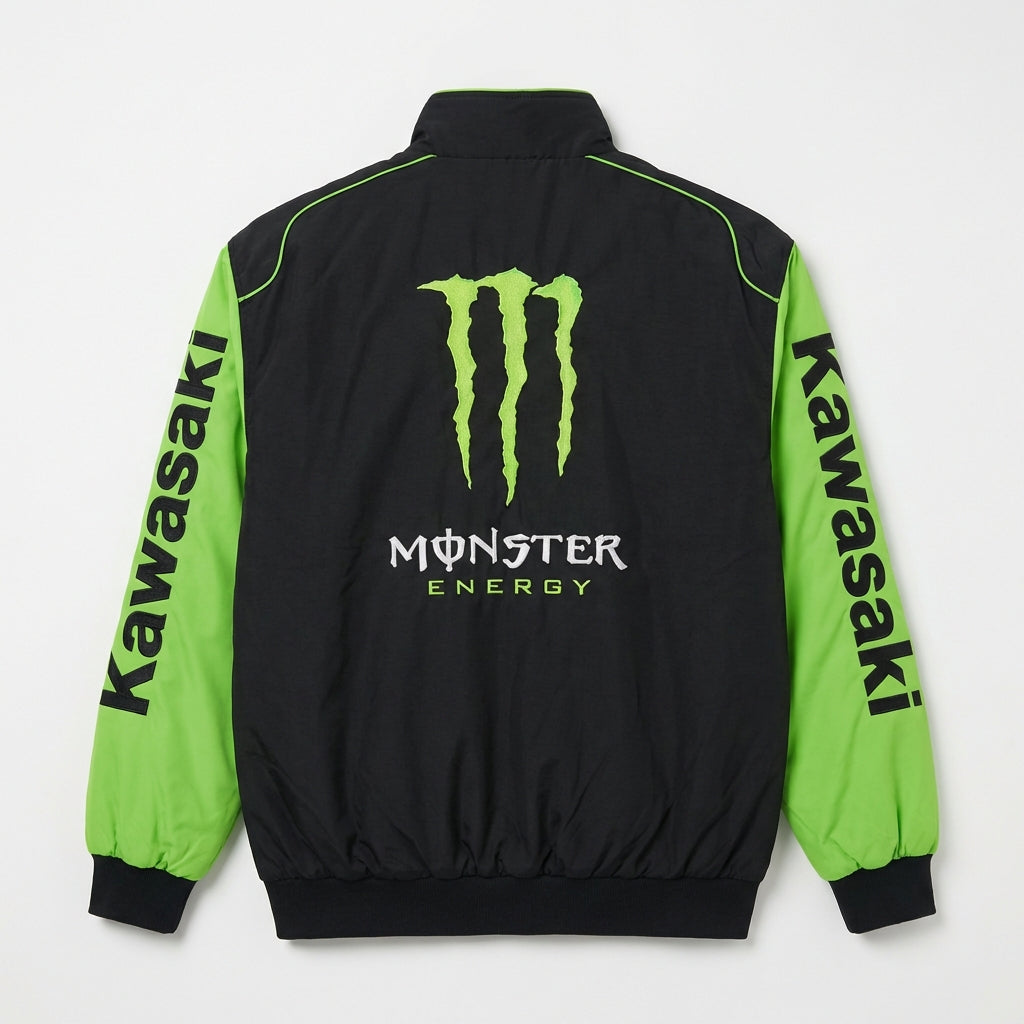Kawasaki Monster Energy Reißverschluss Rennjacke Schwarz/Grün | Motocross Team Logo Bomber