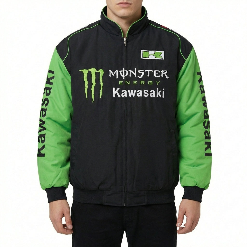 Kawasaki Monster Energy Reißverschluss Rennjacke Schwarz/Grün | Motocross Team Logo Bomber
