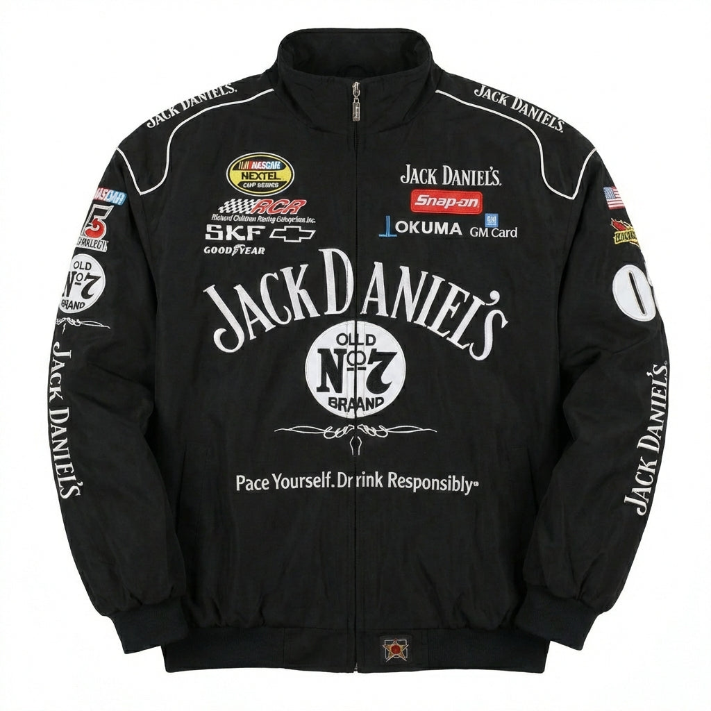 Giacca Racing Jack Daniel's Old No. 7 Nera | Zip Completa con Loghi Sponsor NASCAR