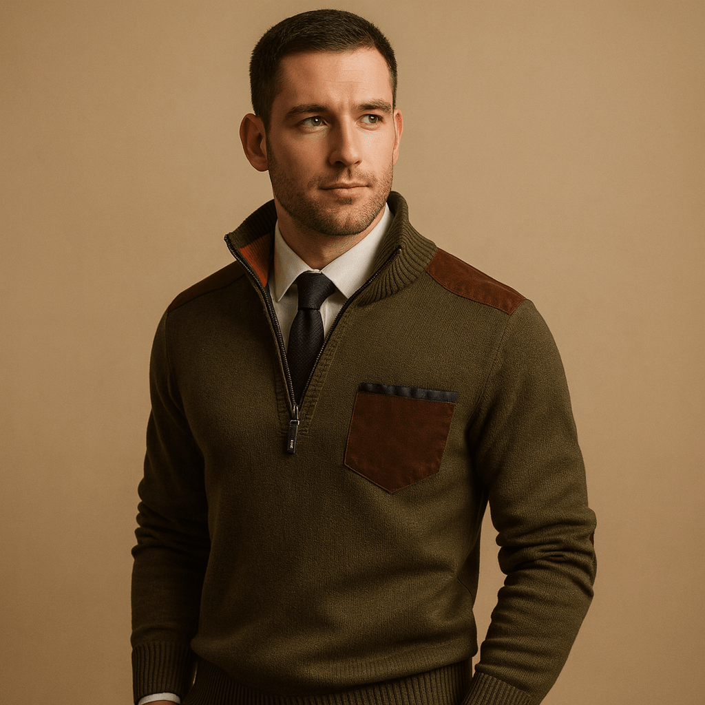 Suéter con media cremallera para hombre, diseño con cuello y bolsillo en el pecho