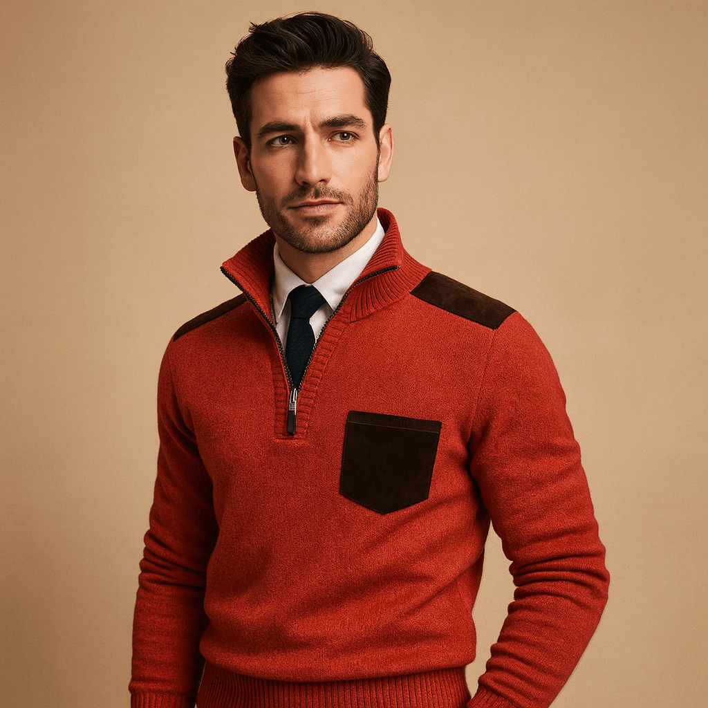 Suéter con media cremallera para hombre, diseño con cuello y bolsillo en el pecho