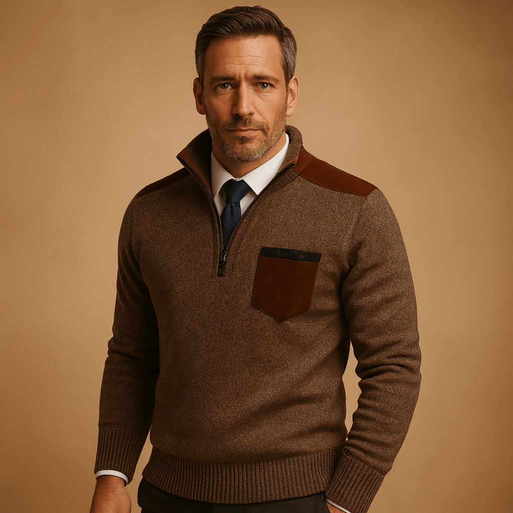 Suéter con media cremallera para hombre, diseño con cuello y bolsillo en el pecho
