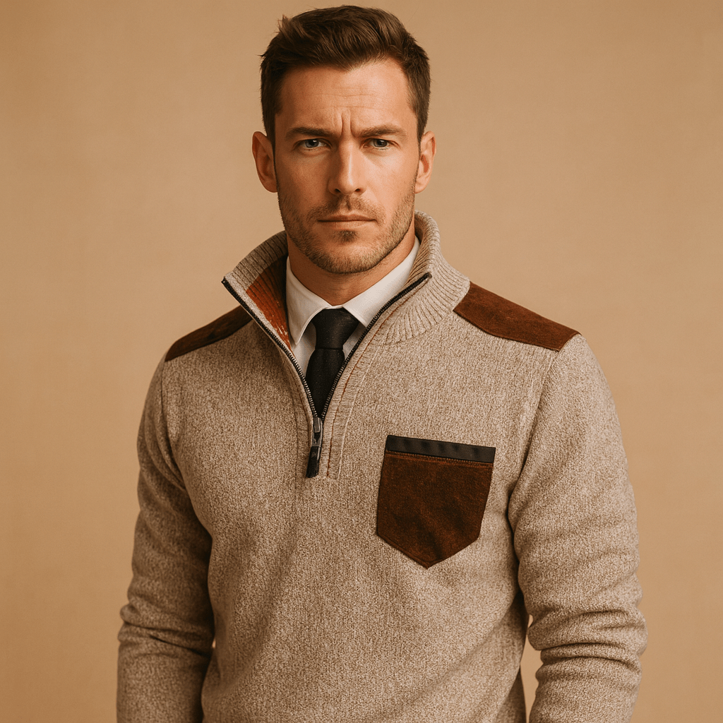 Suéter con media cremallera para hombre, diseño con cuello y bolsillo en el pecho