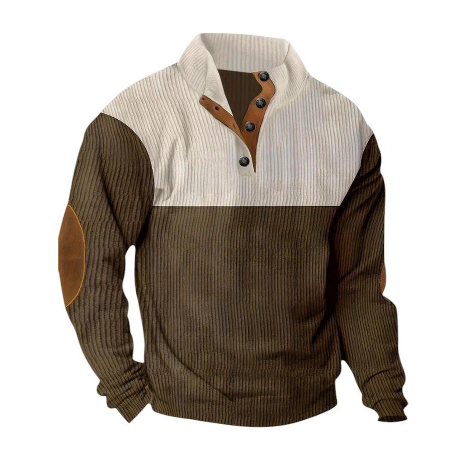 Pull Homme Col Montant Boutonné Côtelé Manches Longues Coudières