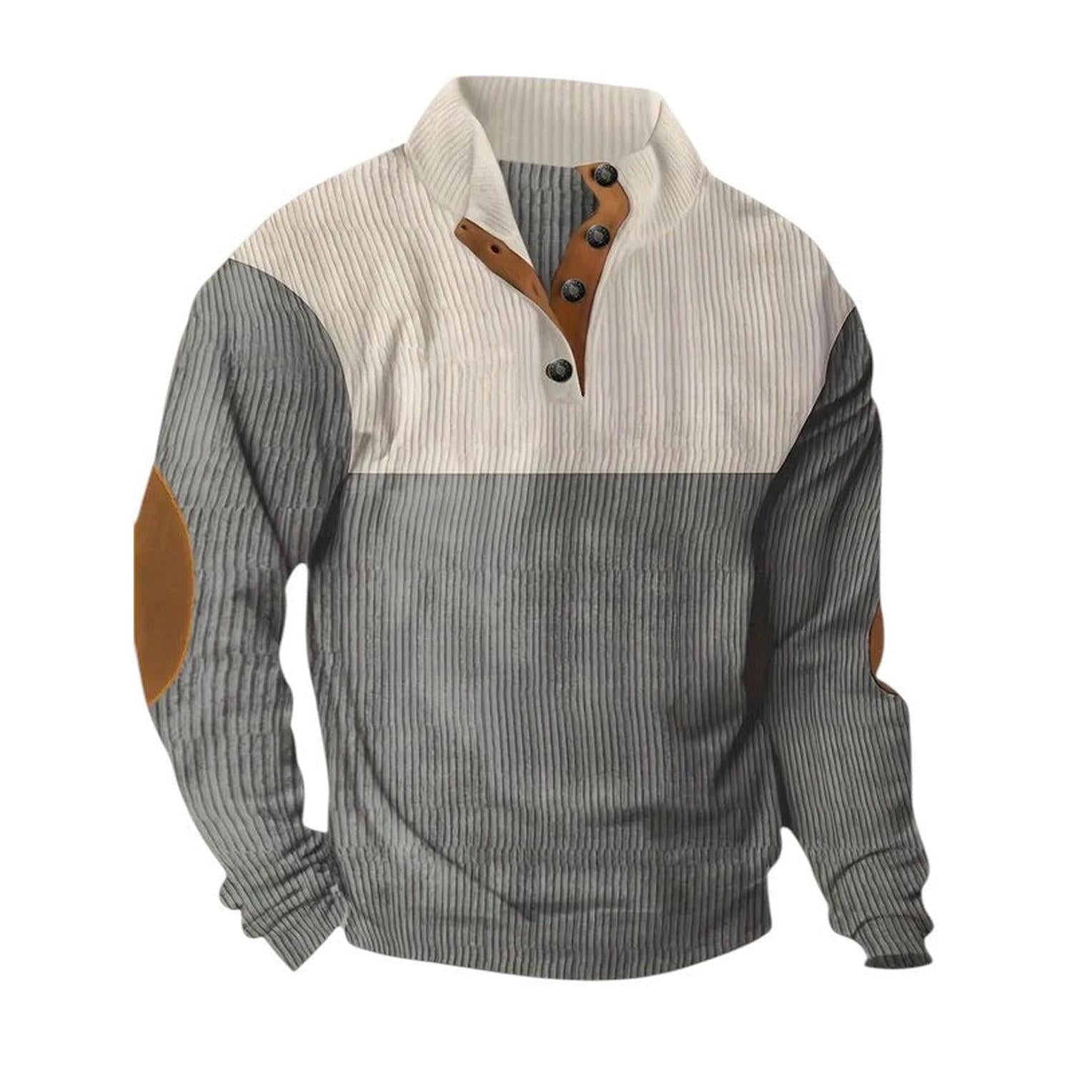 Pull Homme Col Montant Boutonné Côtelé Manches Longues Coudières