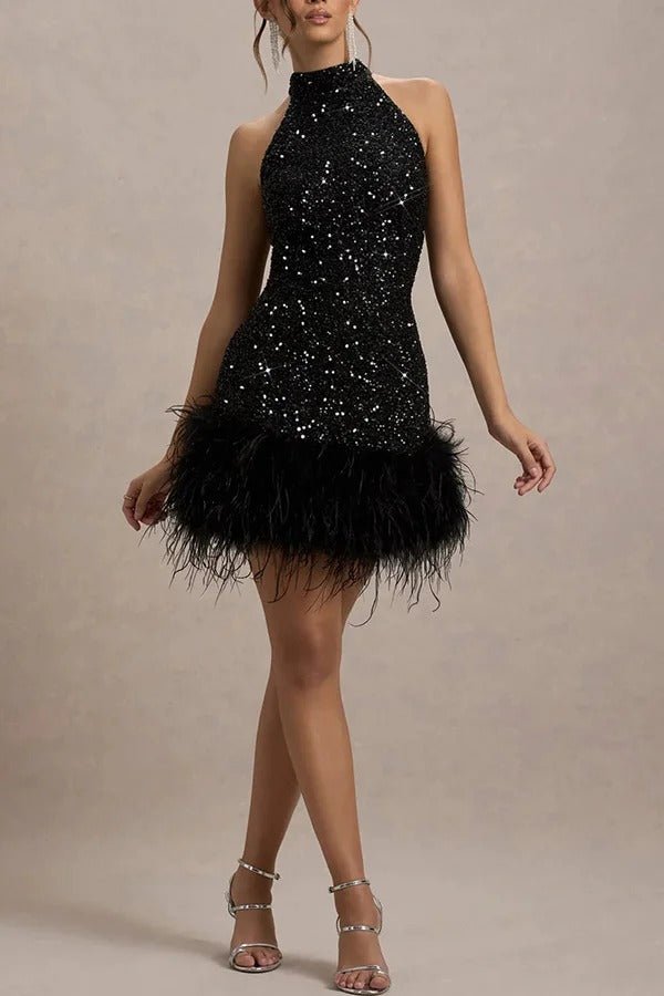Abito con paillettes da donna collo halter mini vestibilità look glamour