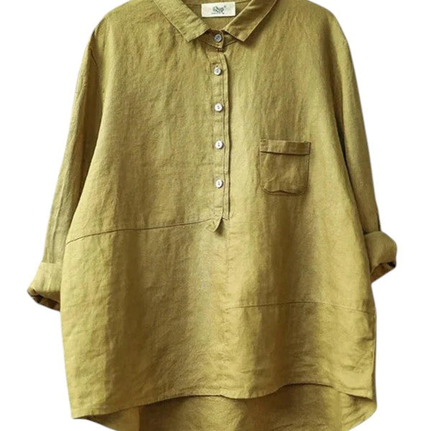 Camicia donna in cotone-lino con maniche lunghe, collo a revers, vestibilità rilassata, colore uniforme