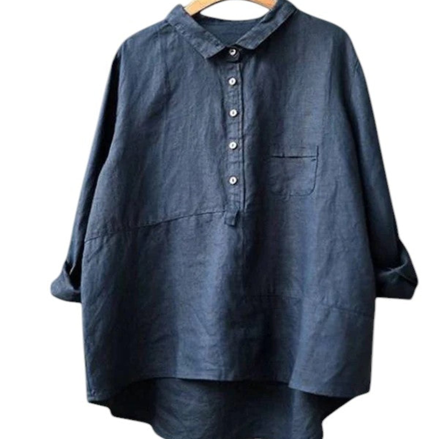Camicia donna in cotone-lino con maniche lunghe, collo a revers, vestibilità rilassata, colore uniforme
