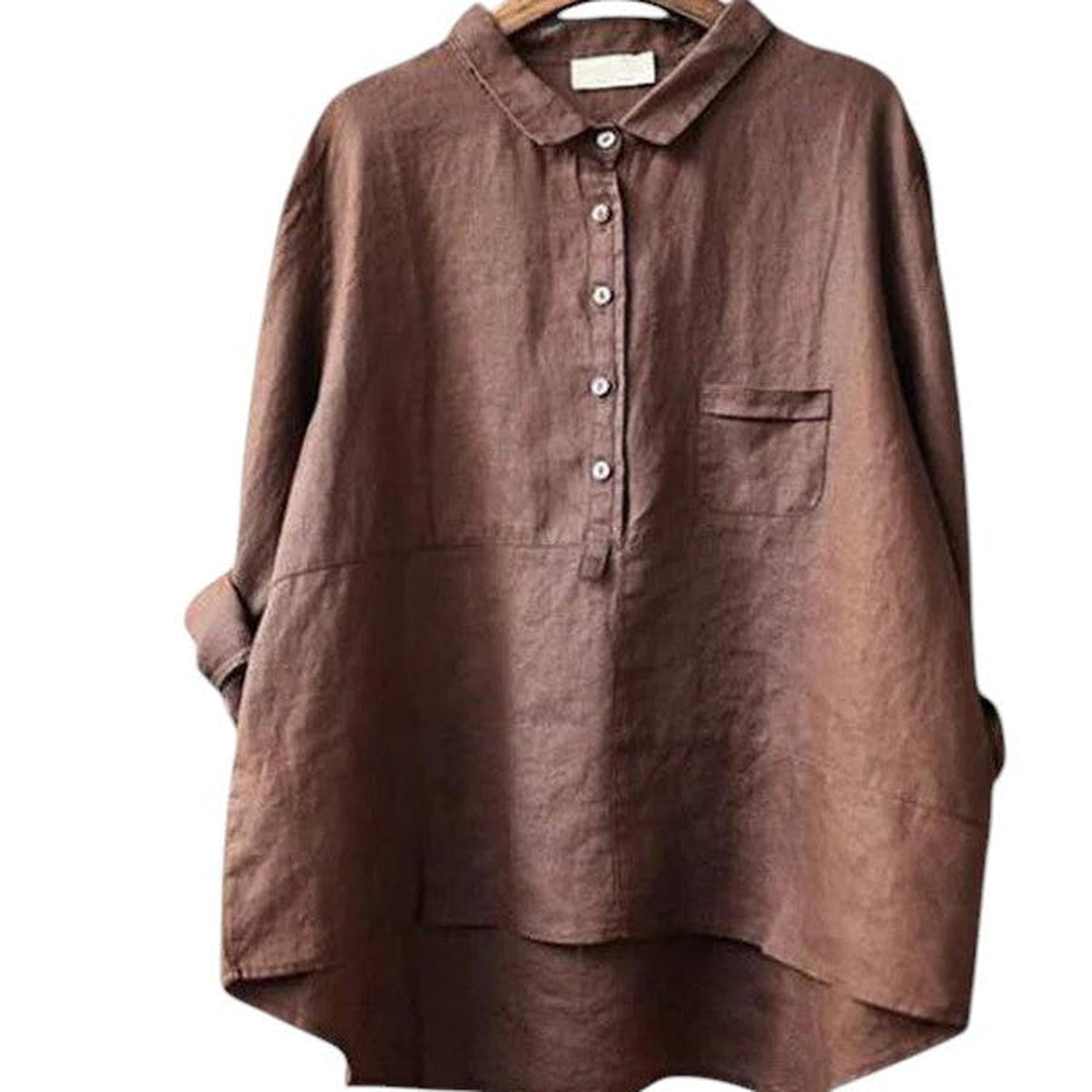 Chemise femme coton-lin manches longues col à revers coupe décontractée couleur unie