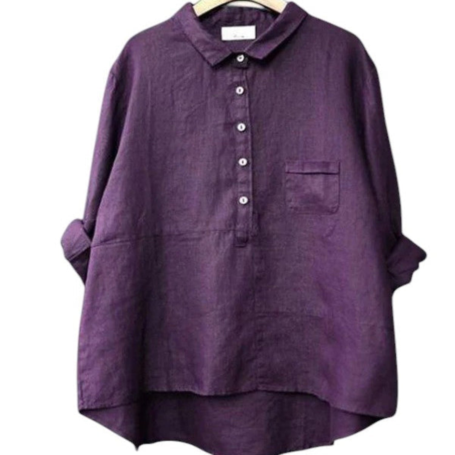 Camicia donna in cotone-lino con maniche lunghe, collo a revers, vestibilità rilassata, colore uniforme