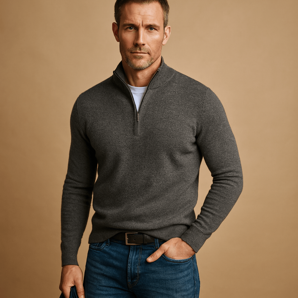 Maglione uomo, vestibilità comoda, chiusura frontale con zip per uso quotidiano