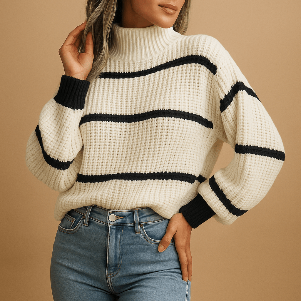 Maglione Donna Collo Alto Maniche Lunghe Motivo a Righe Taglio Largo