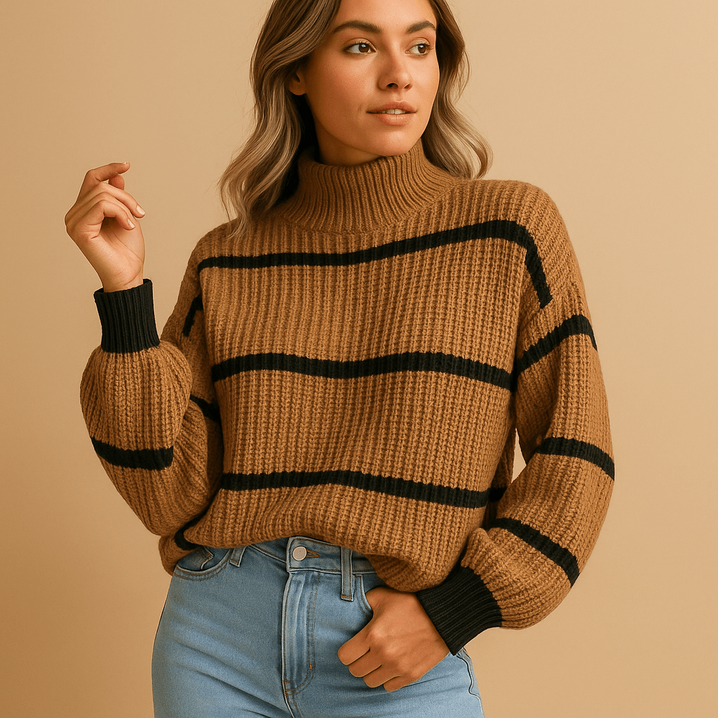 Maglione Donna Collo Alto Maniche Lunghe Motivo a Righe Taglio Largo