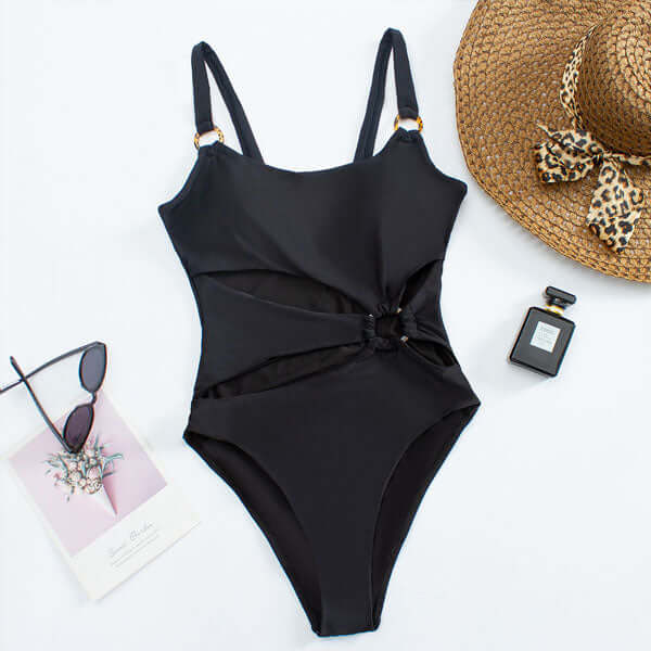 Damen Badeanzug, gerader Ausschnitt, Cut-Out vorne, Ringdetails
