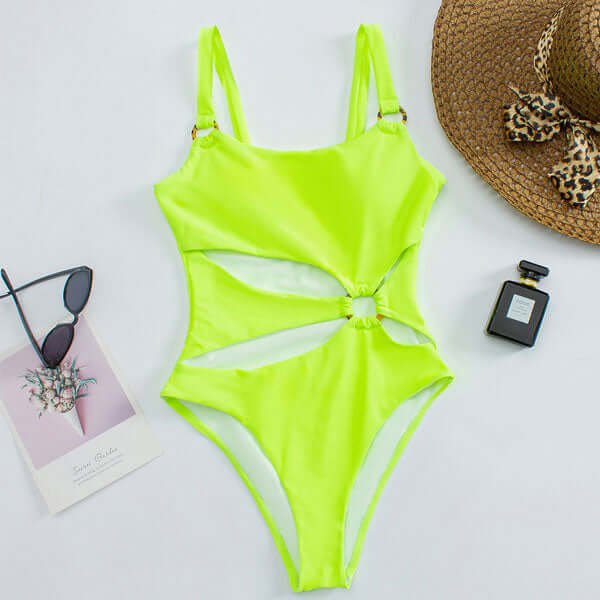 Damen Badeanzug, gerader Ausschnitt, Cut-Out vorne, Ringdetails