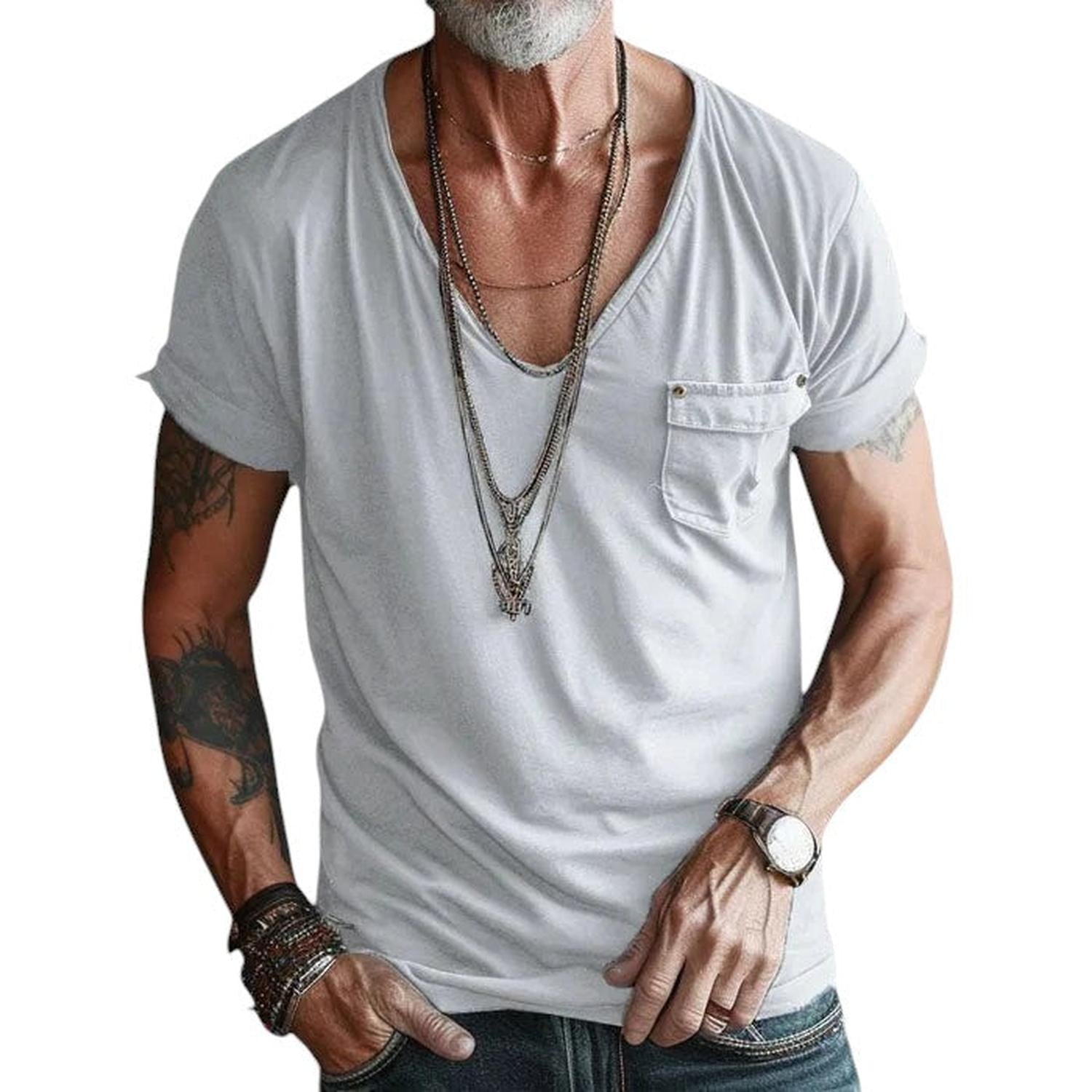 T-Shirt Homme Col V Manches Courtes Revers Coutures Poche Poitrine Coupe Décontractée