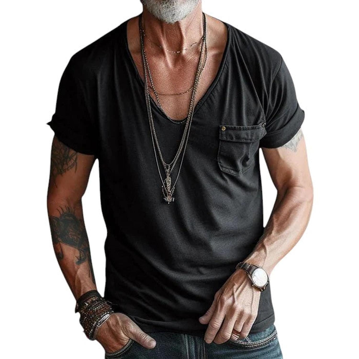 T-Shirt Homme Col V Manches Courtes Revers Coutures Poche Poitrine Coupe Décontractée