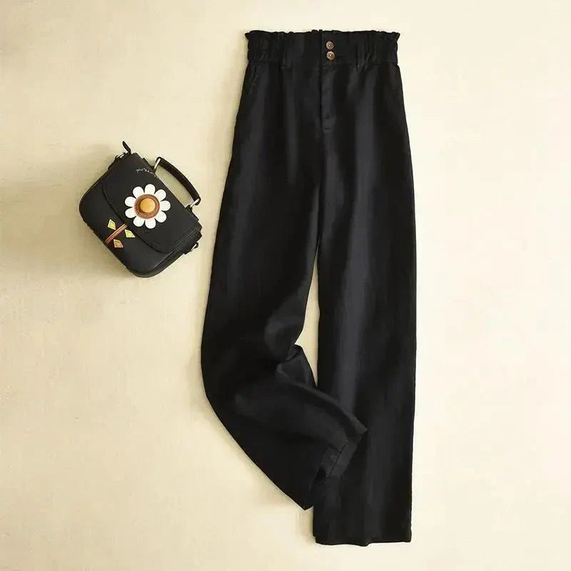 Damen Hose Leinen, hohe Taille, weiter Schnitt, elastischer Bund
