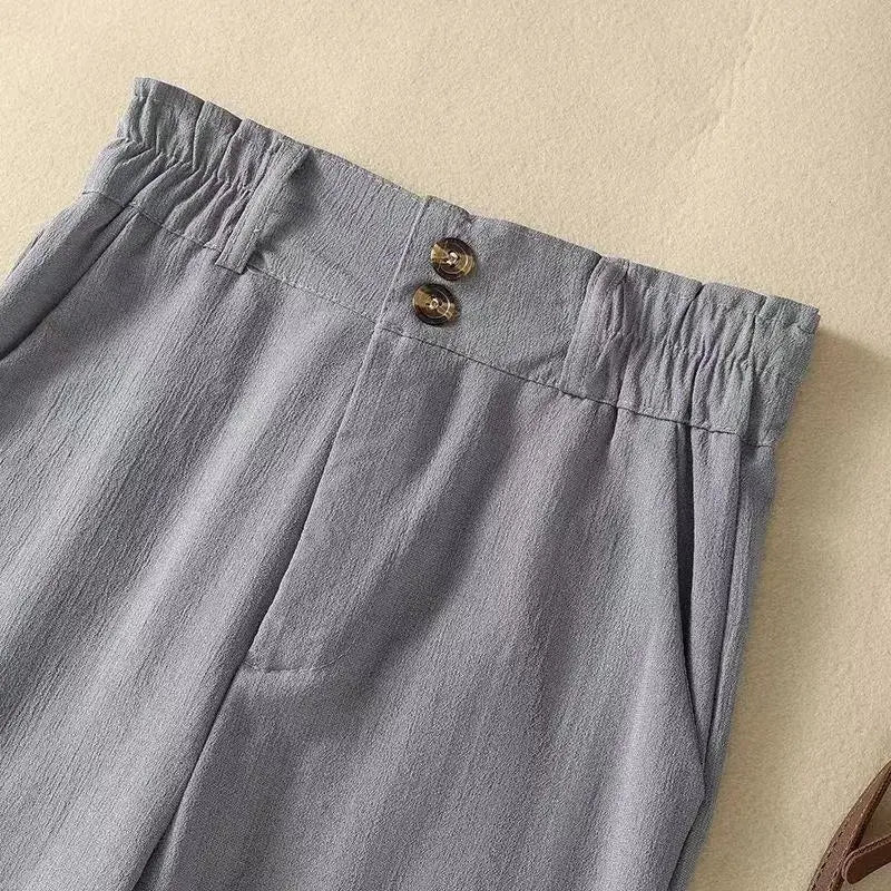 Damen Hose Leinen, hohe Taille, weiter Schnitt, elastischer Bund