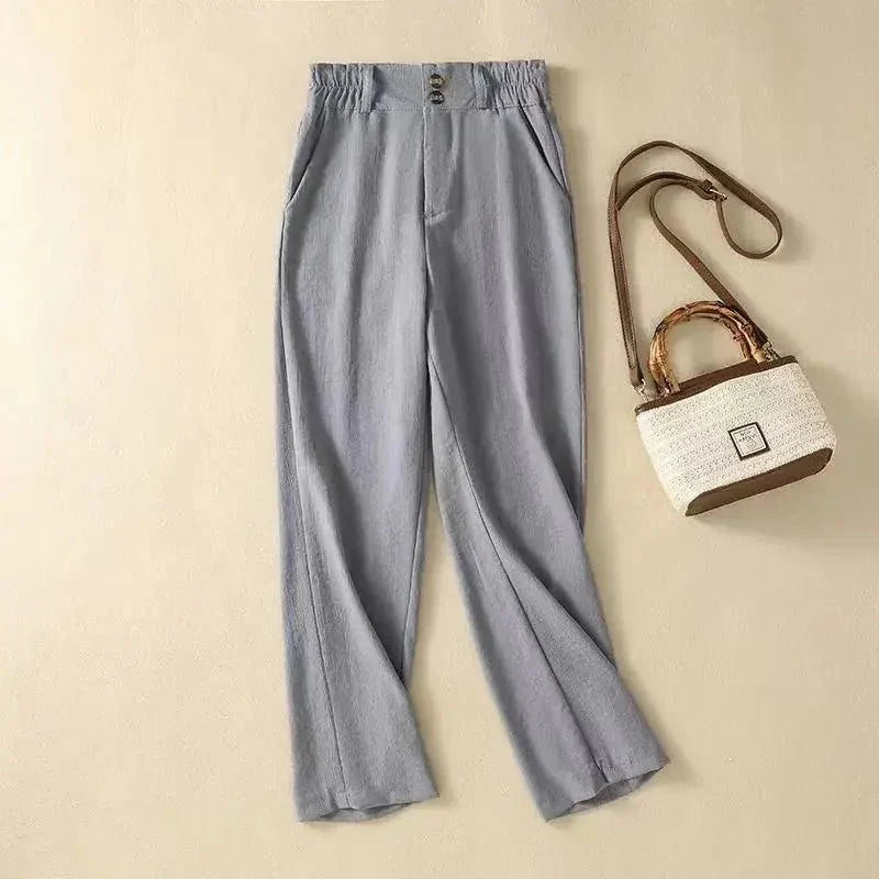 Damen Hose Leinen, hohe Taille, weiter Schnitt, elastischer Bund
