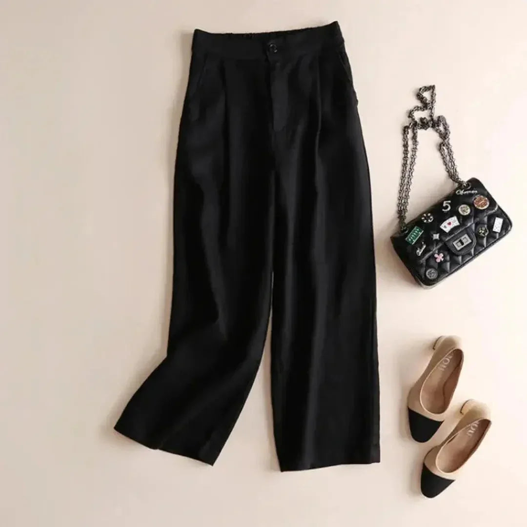 Pantaloni da donna in lino, vita alta, gamba larga, chiusura con bottoni e zip