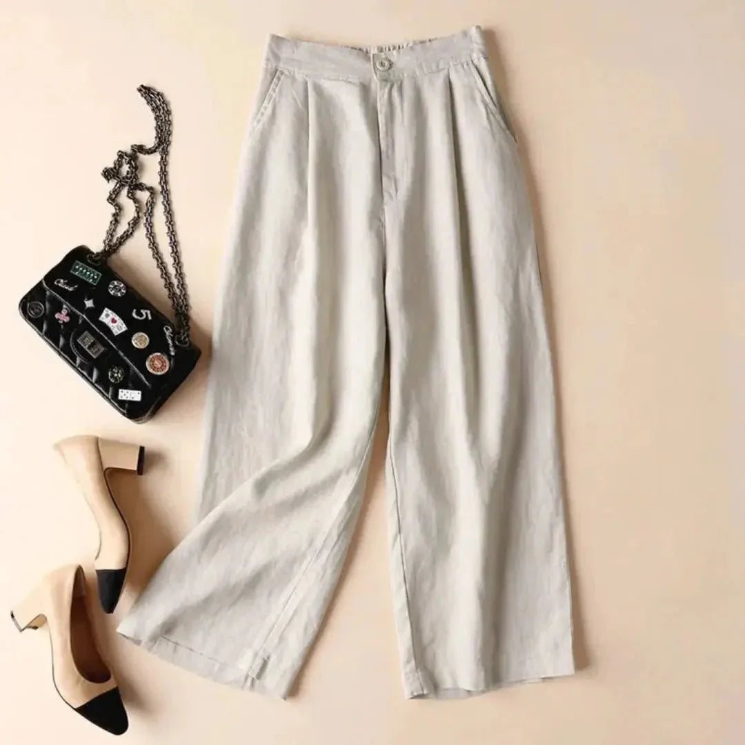 Pantaloni da donna in lino, vita alta, gamba larga, chiusura con bottoni e zip