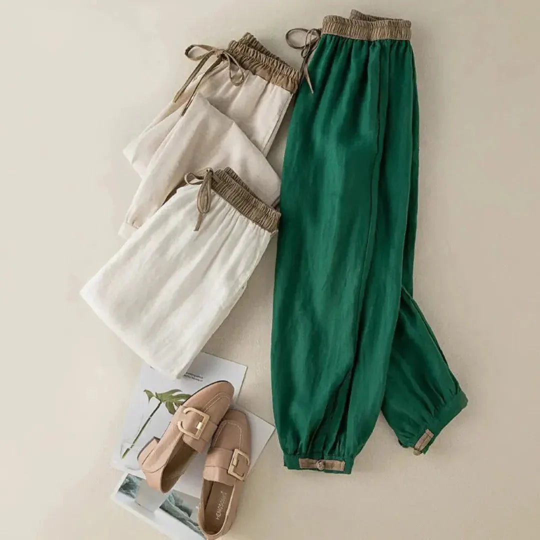 Pantaloni da donna in lino, vestibilità rilassata, vita con coulisse, polsini regolabili