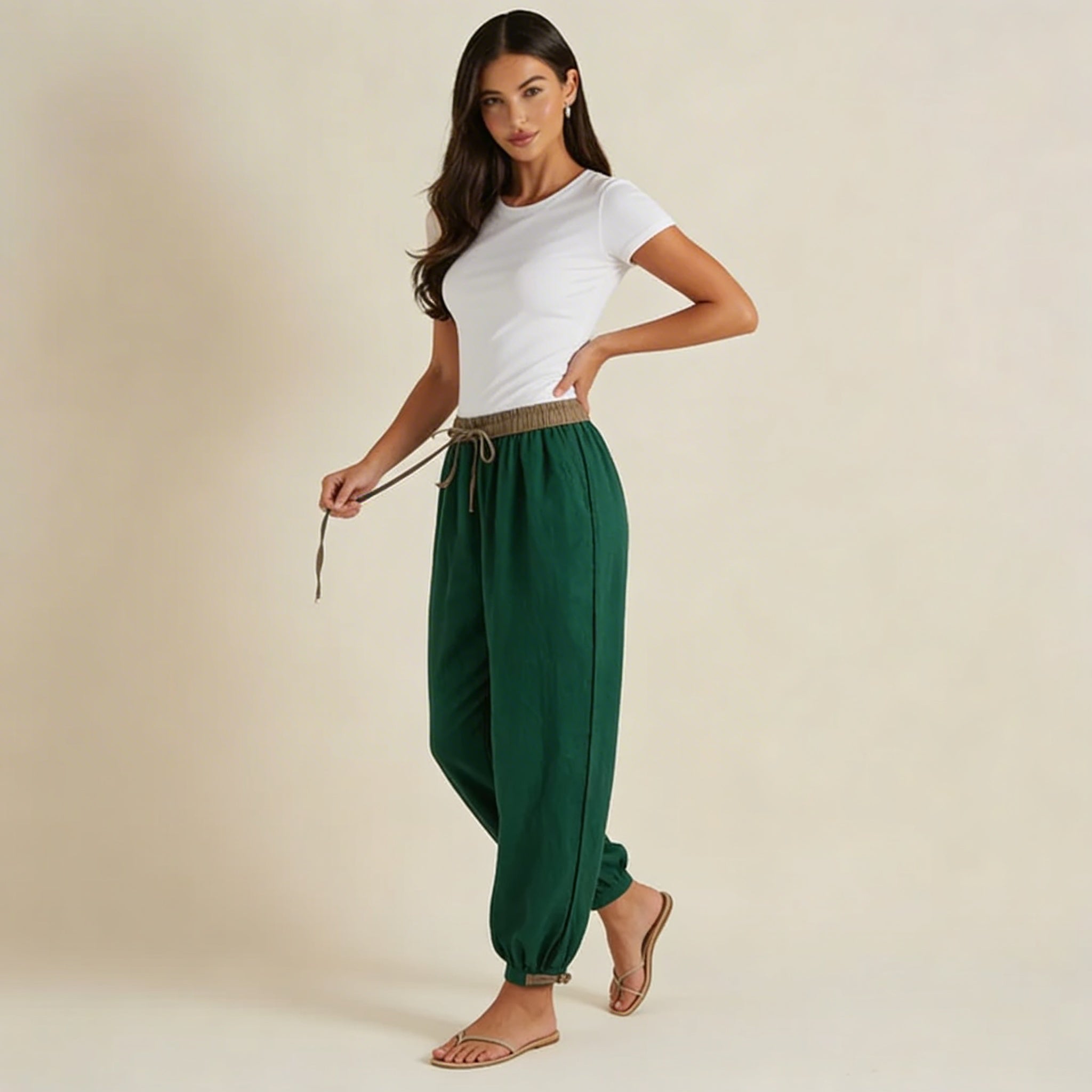 Pantaloni da donna in lino, vestibilità rilassata, vita con coulisse, polsini regolabili