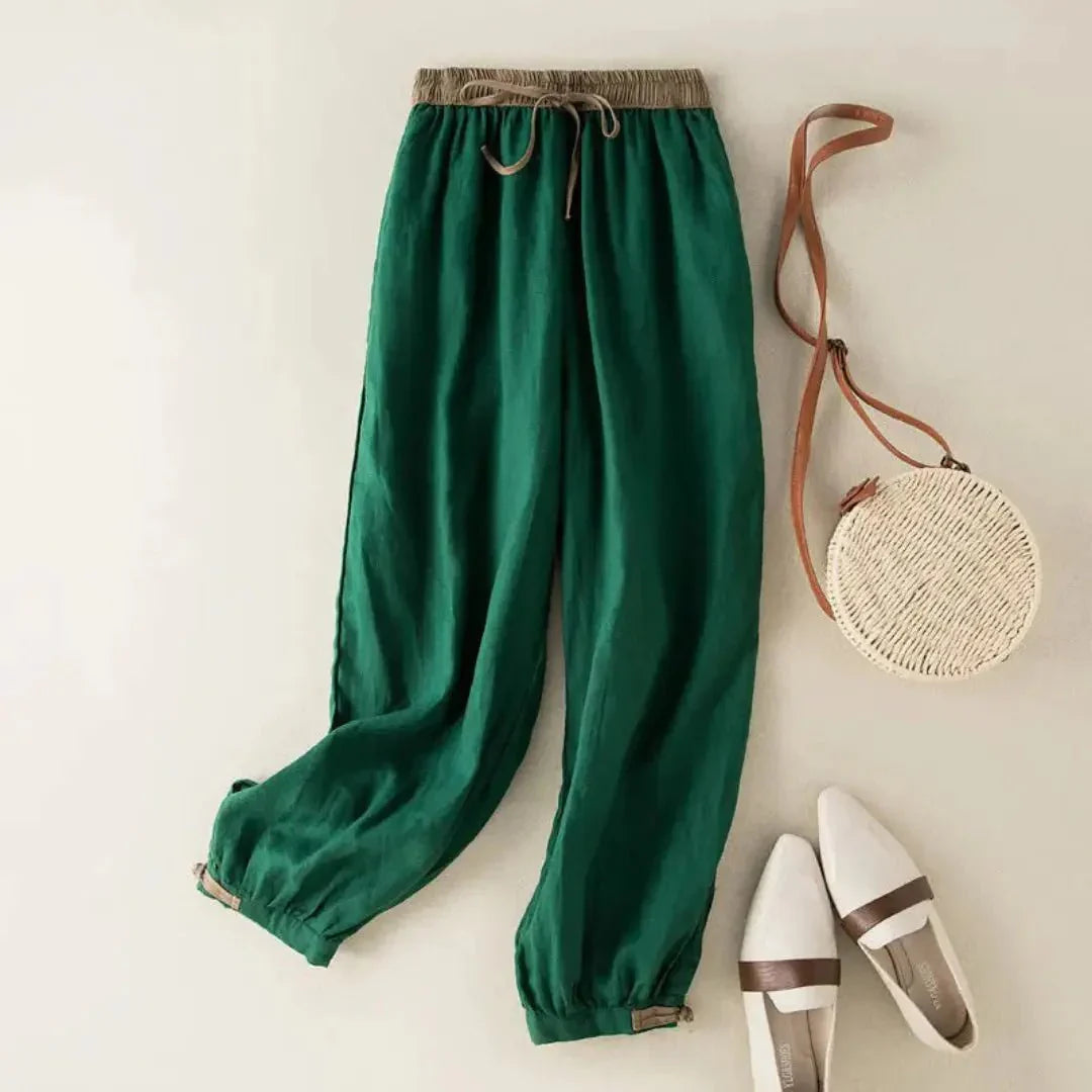 Pantaloni da donna in lino, vestibilità rilassata, vita con coulisse, polsini regolabili
