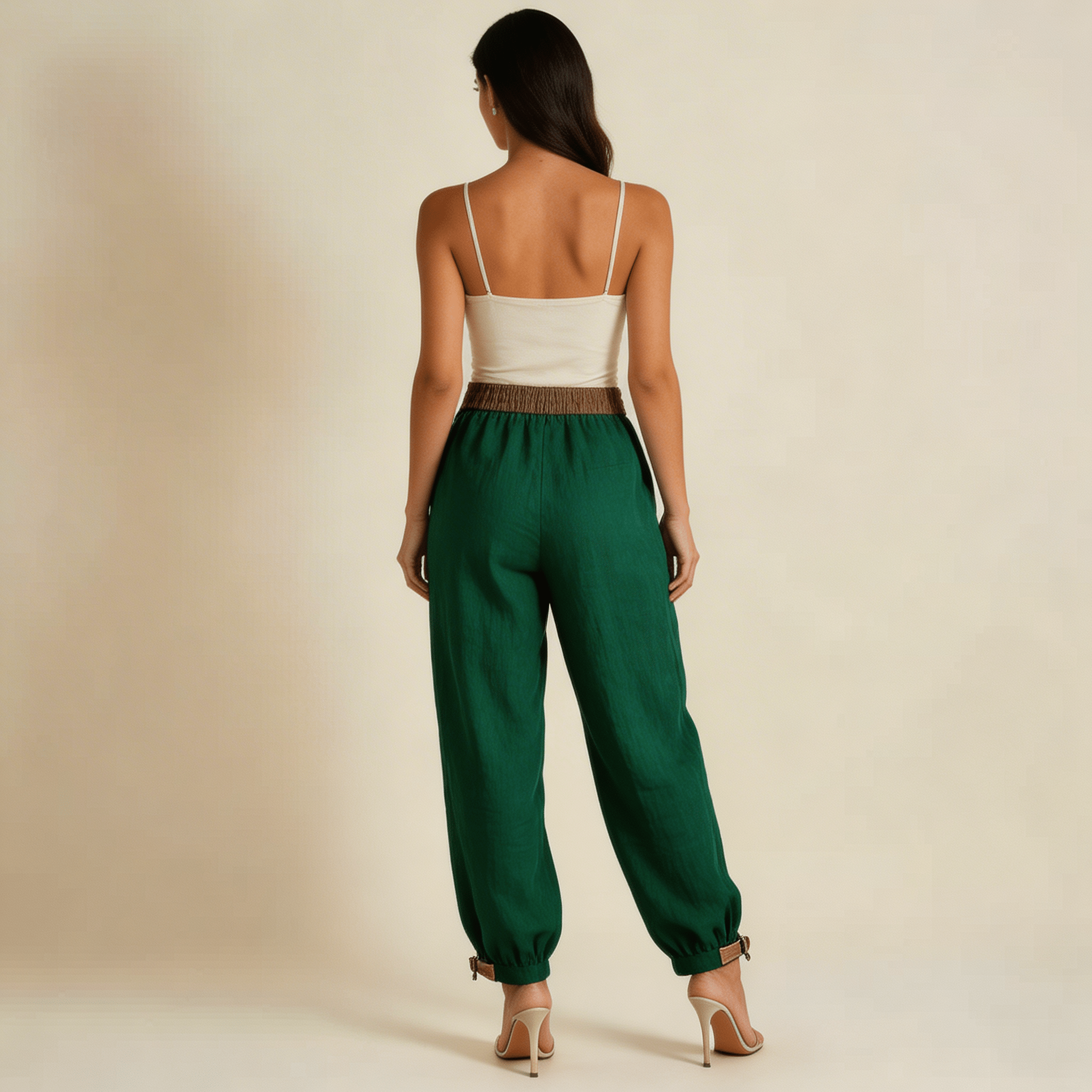 Pantaloni da donna in lino, vestibilità rilassata, vita con coulisse, polsini regolabili