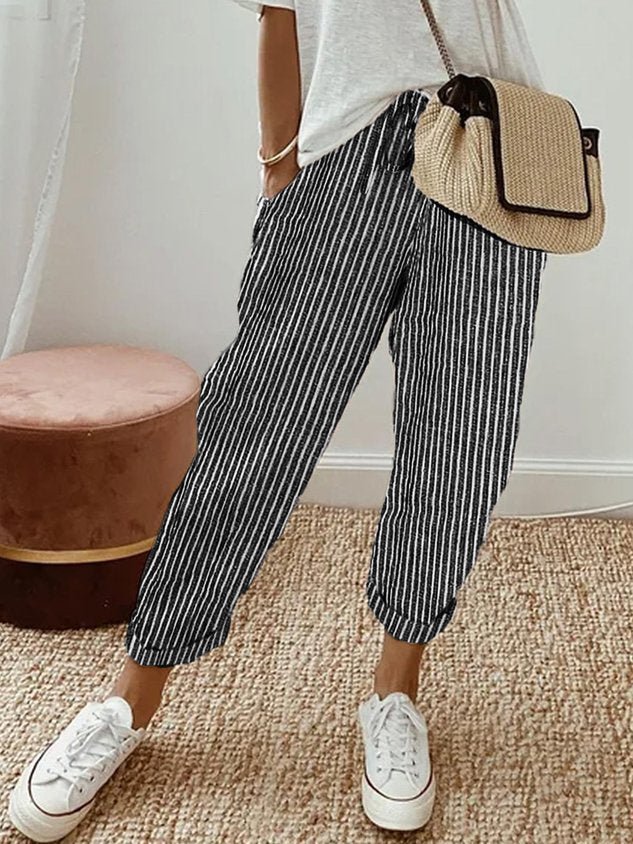 Pantaloni da donna in lino, vestibilità rilassata, vita con coulisse, lunghezza completa