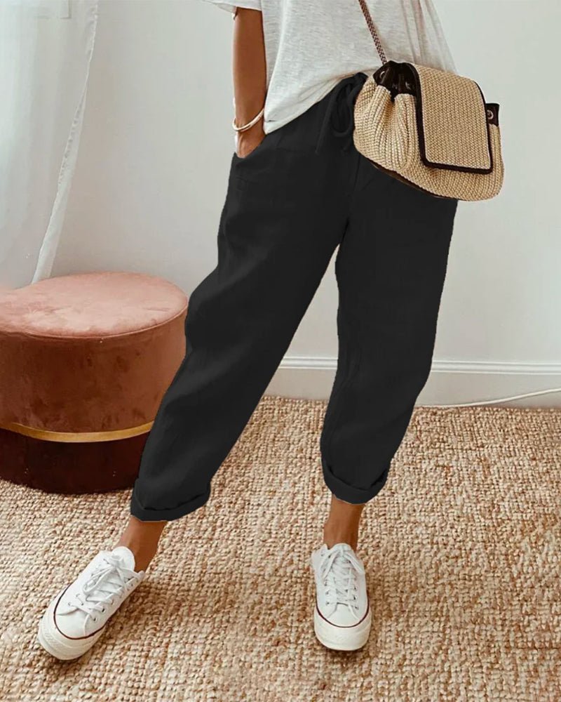 Pantaloni da donna in lino, vestibilità rilassata, vita con coulisse, lunghezza completa