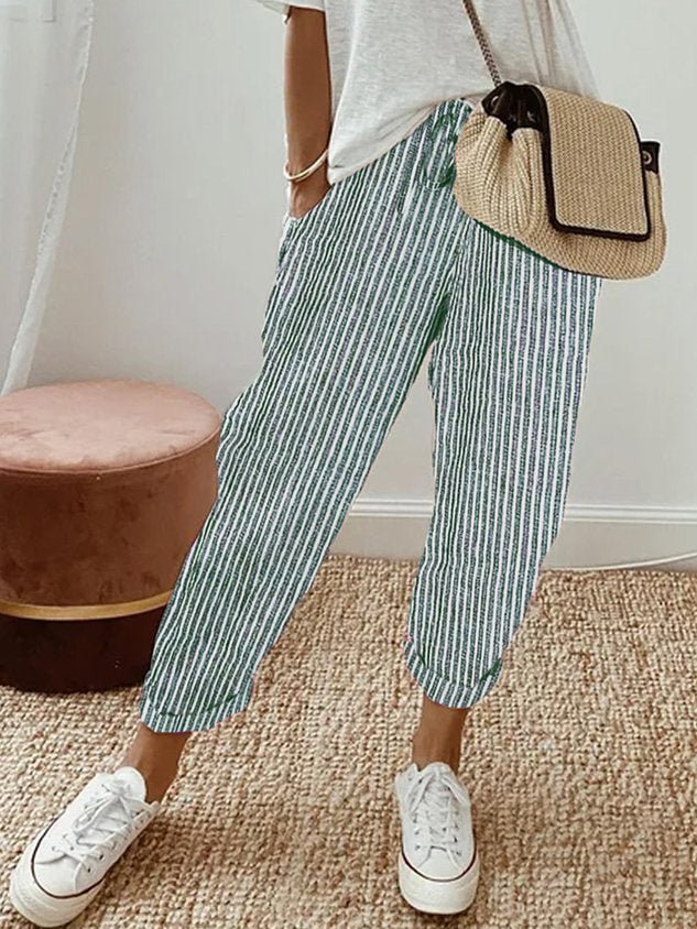 Pantaloni da donna in lino, vestibilità rilassata, vita con coulisse, lunghezza completa