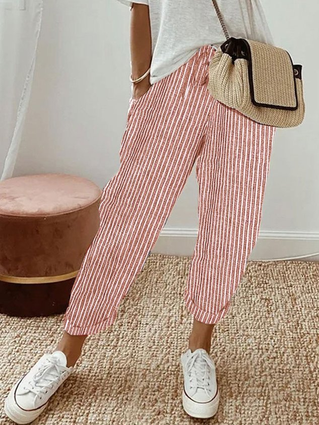 Pantaloni da donna in lino, vestibilità rilassata, vita con coulisse, lunghezza completa