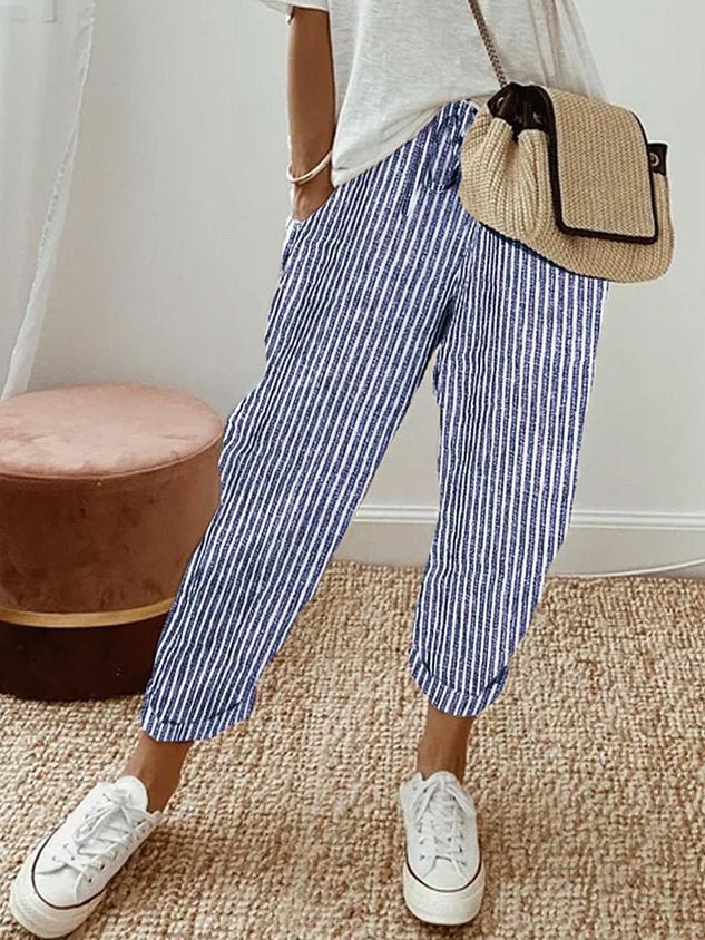 Pantaloni da donna in lino, vestibilità rilassata, vita con coulisse, lunghezza completa