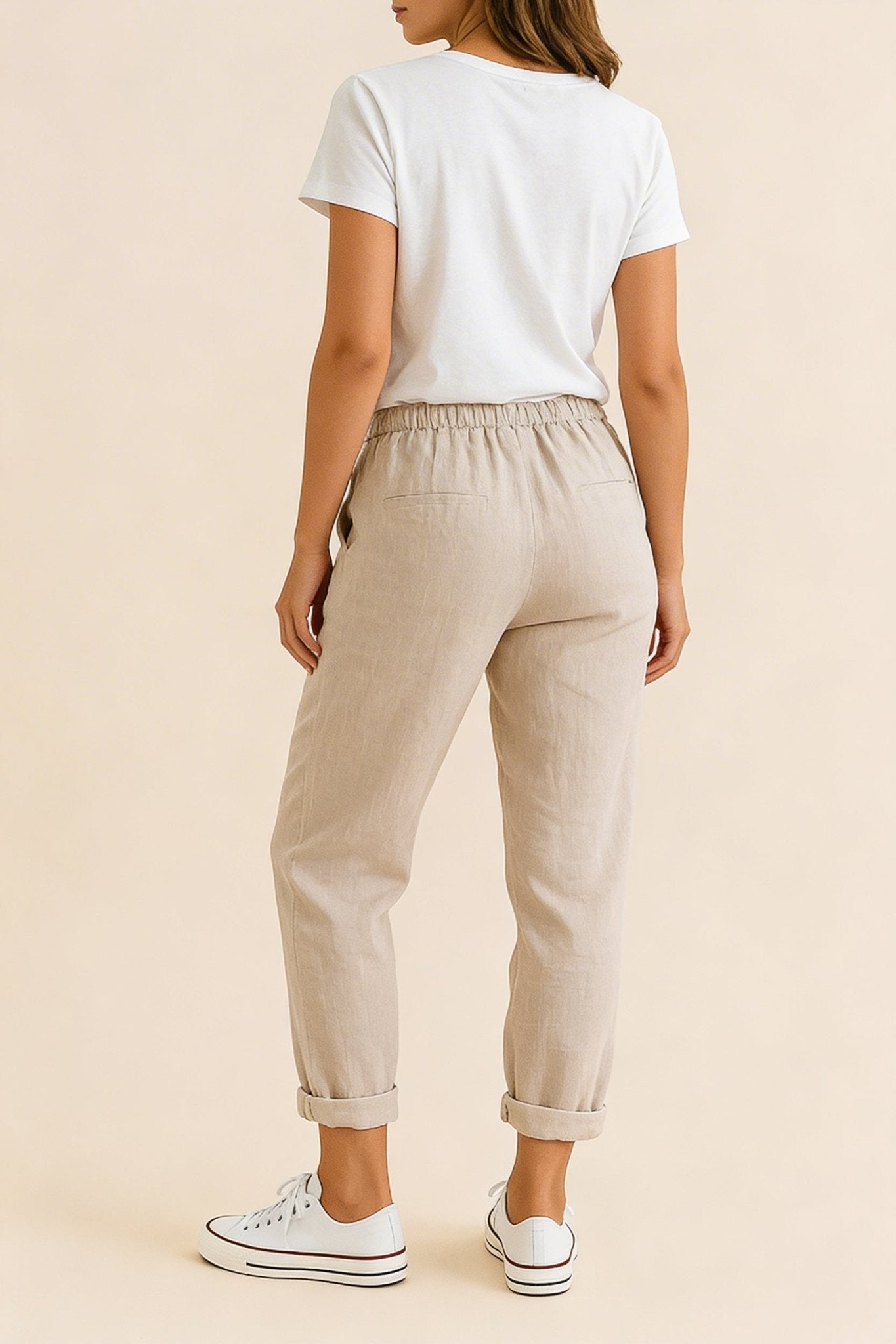 Pantaloni da donna in lino, vestibilità rilassata, vita con coulisse, lunghezza completa