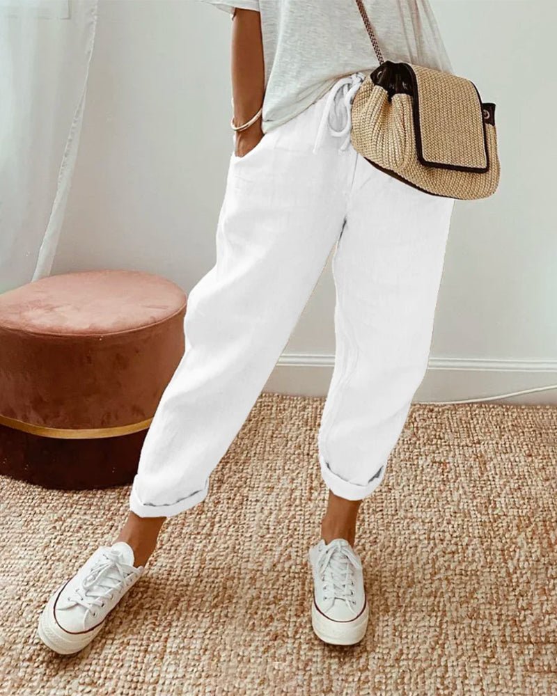 Pantaloni da donna in lino, vestibilità rilassata, vita con coulisse, lunghezza completa