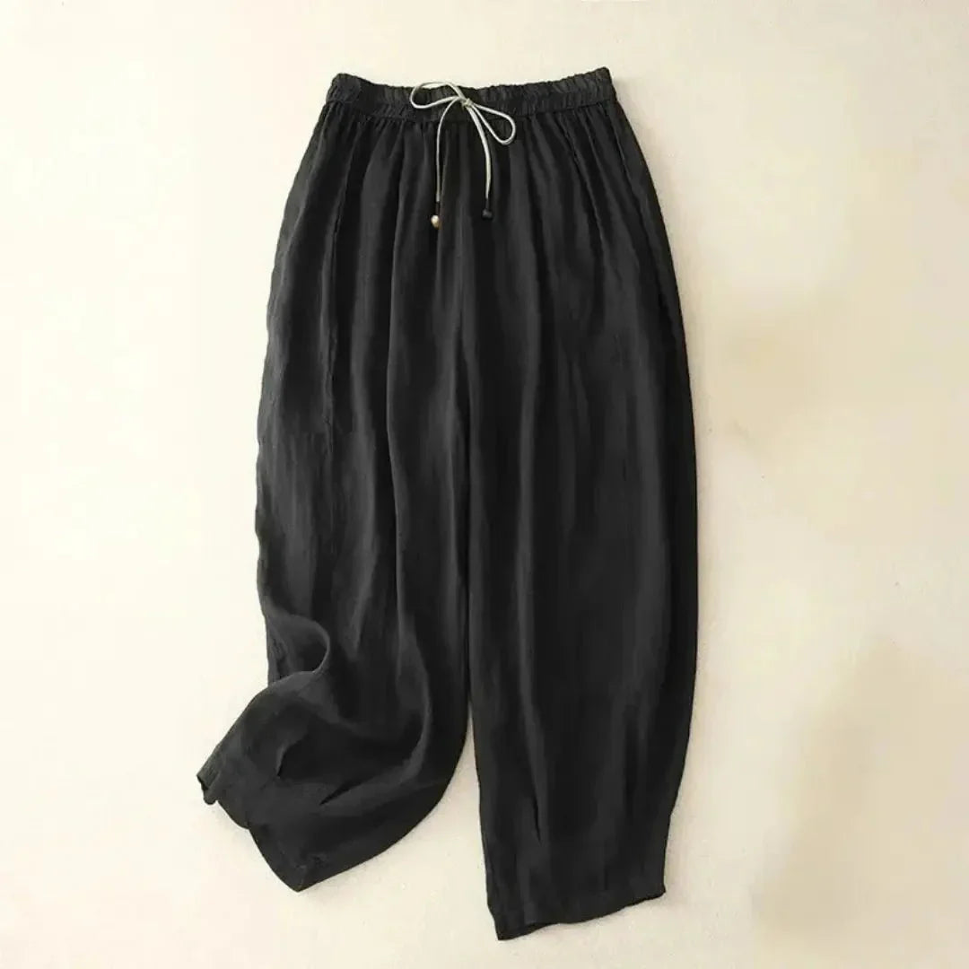 Pantaloni da donna in lino, vestibilità rilassata, gamba affusolata, vita con coulisse