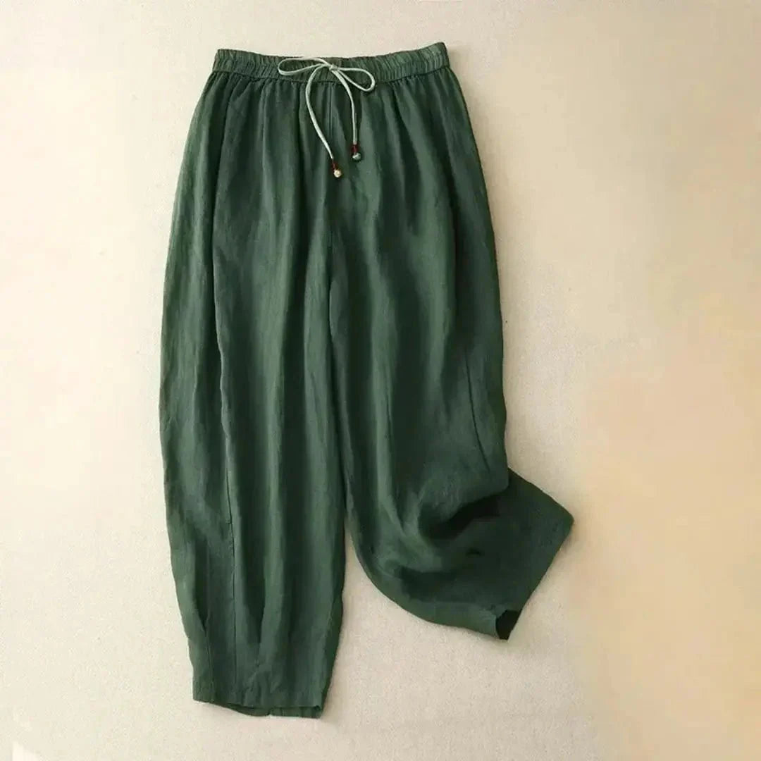 Pantaloni da donna in lino, vestibilità rilassata, gamba affusolata, vita con coulisse