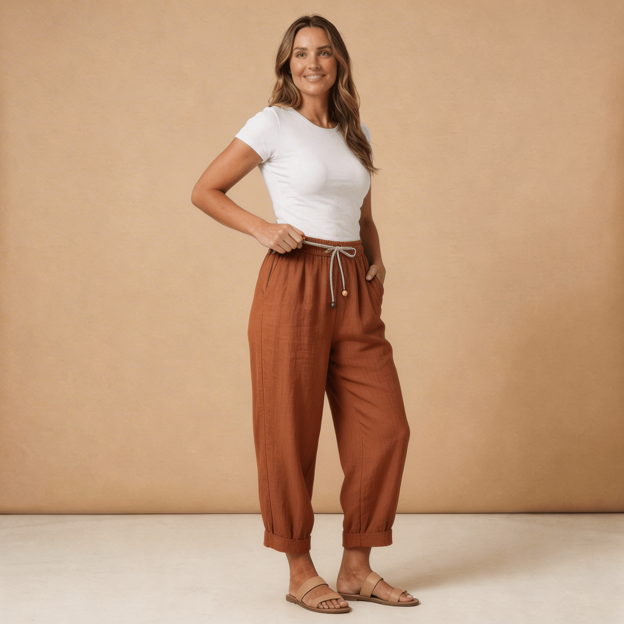 Pantaloni da donna in lino, vestibilità rilassata, gamba affusolata, vita con coulisse