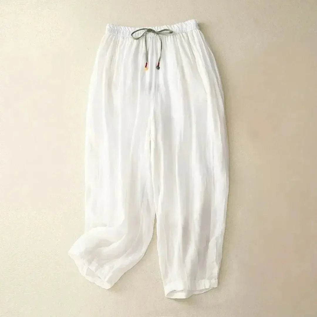 Pantaloni da donna in lino, vestibilità rilassata, gamba affusolata, vita con coulisse