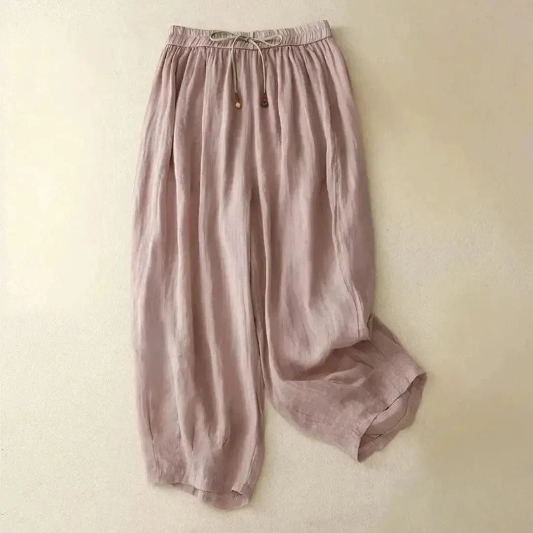 Pantaloni da donna in lino, vestibilità rilassata, gamba affusolata, vita con coulisse