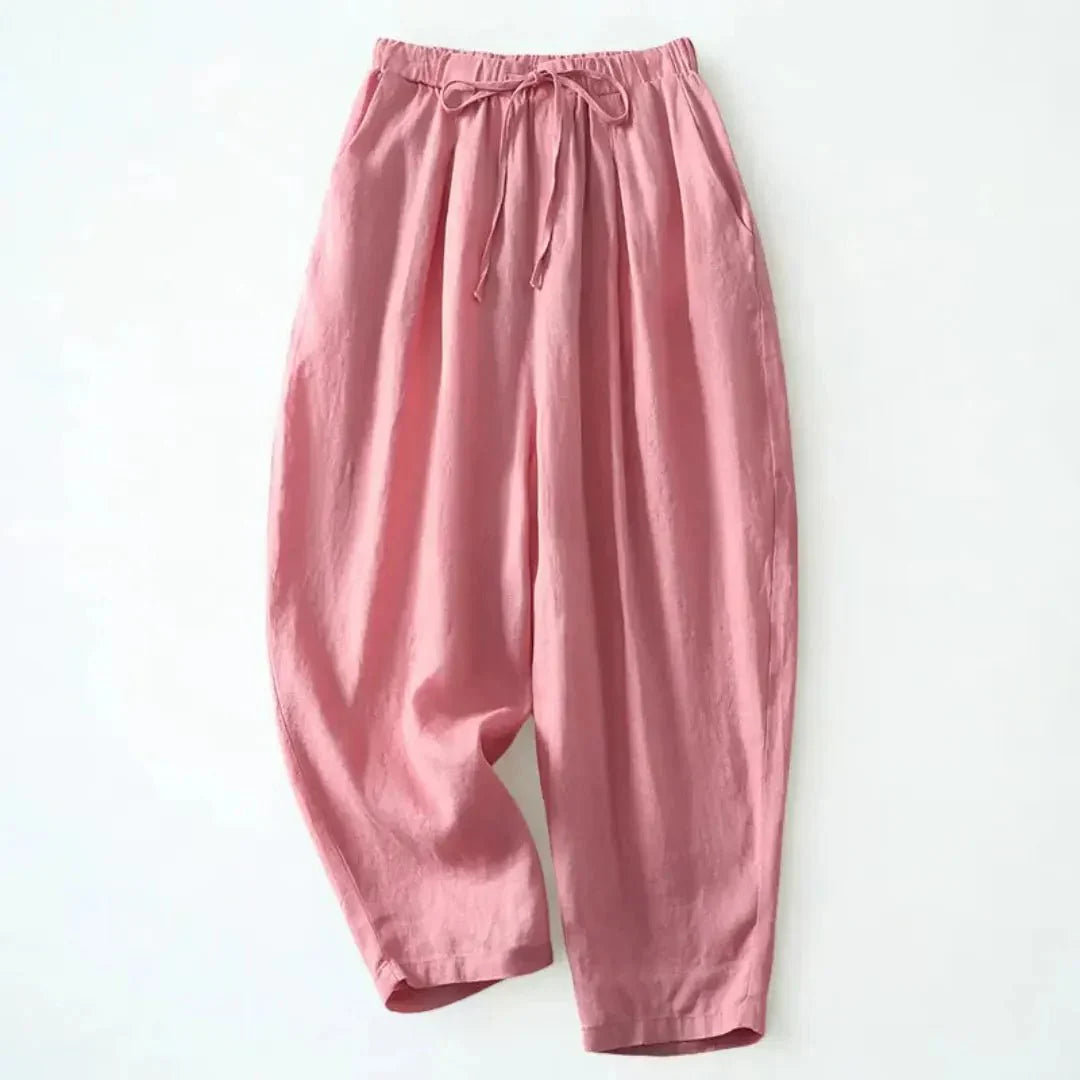 Pantaloni da donna in lino, gamba larga, lunghezza alla caviglia, vita con coulisse