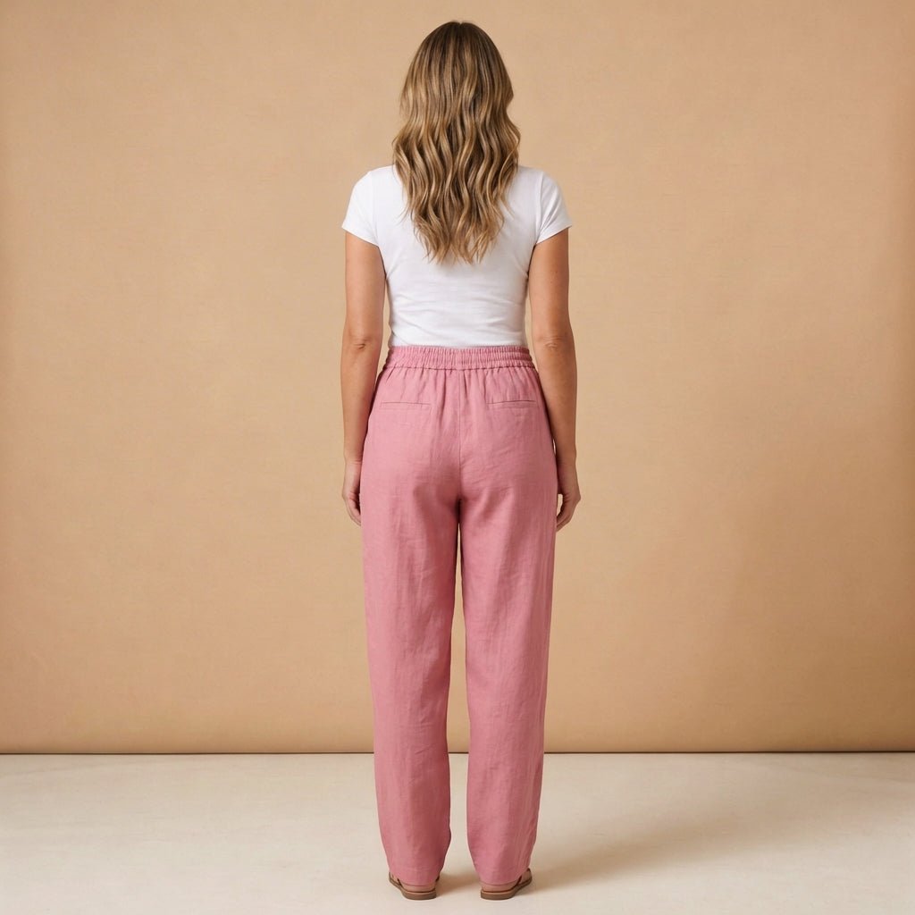 Pantaloni da donna in lino, gamba larga, lunghezza alla caviglia, vita con coulisse
