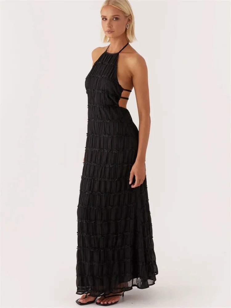 Damen Maxikleid Neckholder Offener Rücken Falten-Design
