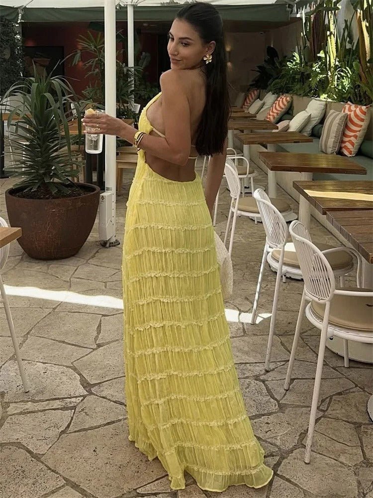 Damen Maxikleid Neckholder Offener Rücken Falten-Design