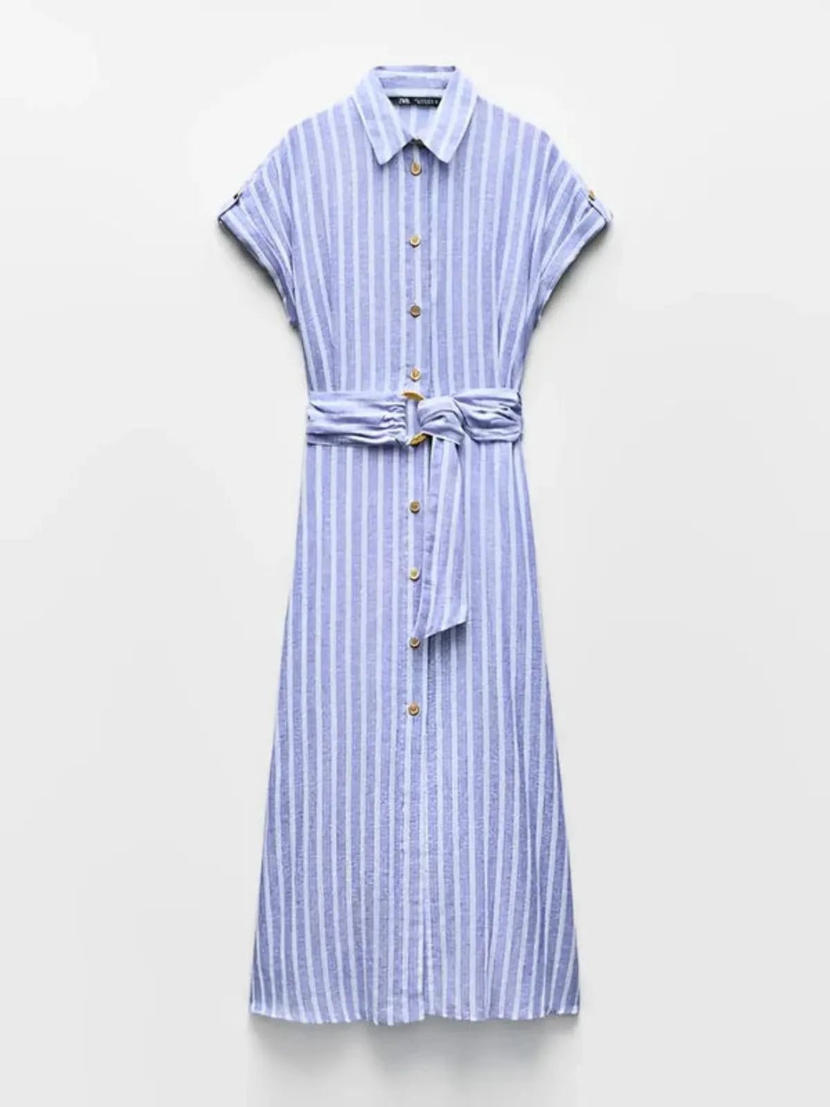 Abito maxi da donna lino a righe maniche corte chiusura con bottoni