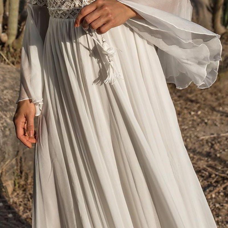 Damen Maxikleid Langarm A-Linie V-Ausschnitt Schnürung Schnitt