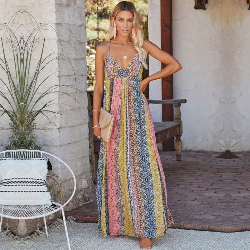 Abito maxi da donna vestibilità ampia scollo a V schiena scoperta stile a righe