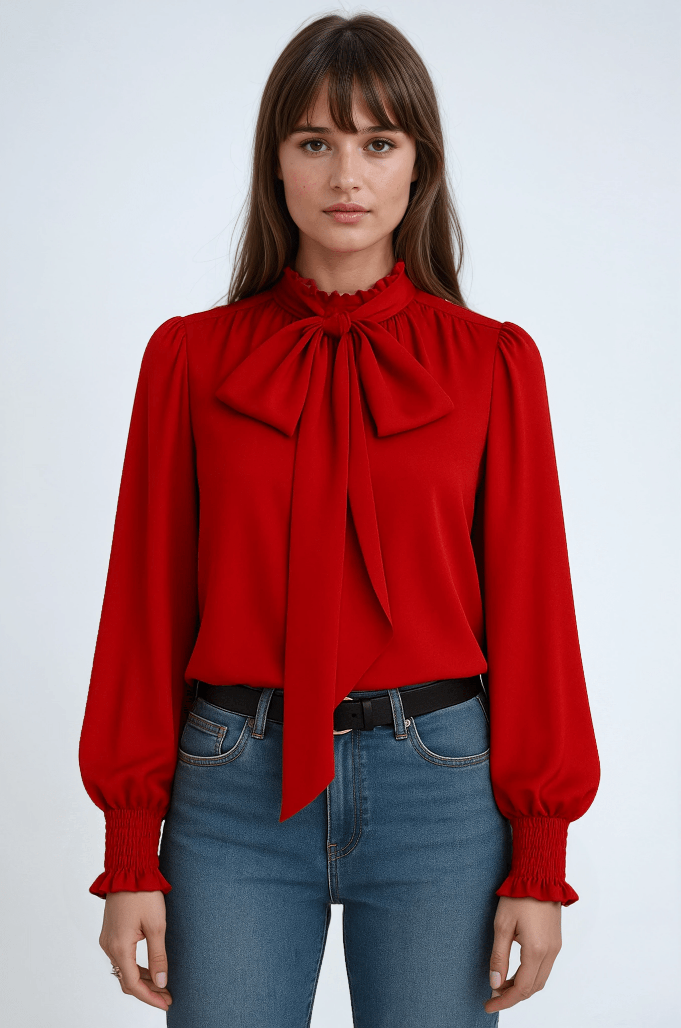 Blusa da donna — Maniche lunghe, collo con fiocco, maniche arricciate
